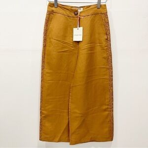 Anthropologie Exquise Wide Leg Embroidered Trim Pants Camel Size XS Linen Blend